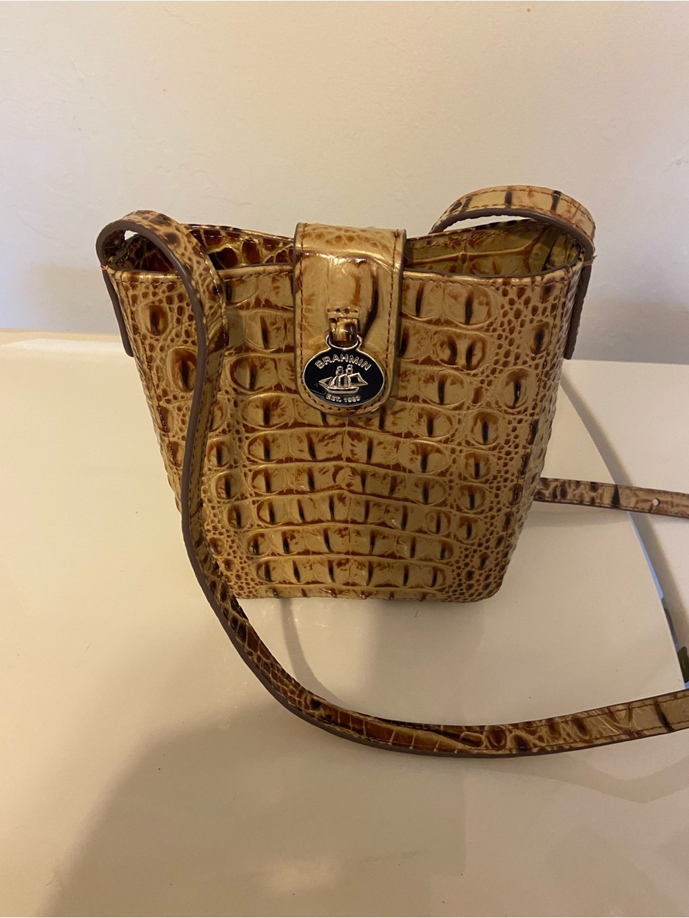 Brahmin Brown Croc-Embossed Leather Bucket Bag